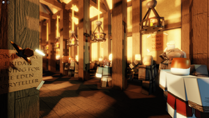 Roblox characters congregate inside a room.