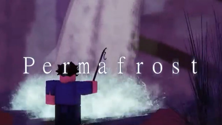 Roblox character fishing from a body of water with text. 