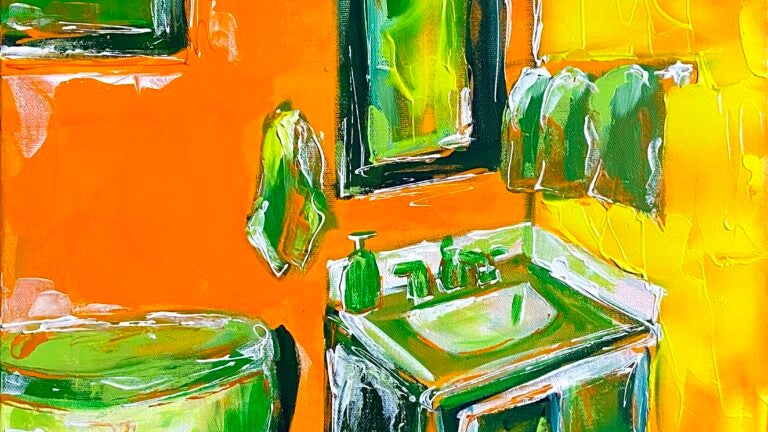 Illustration of a bathroom. It uses green, yellow, and orange colors.