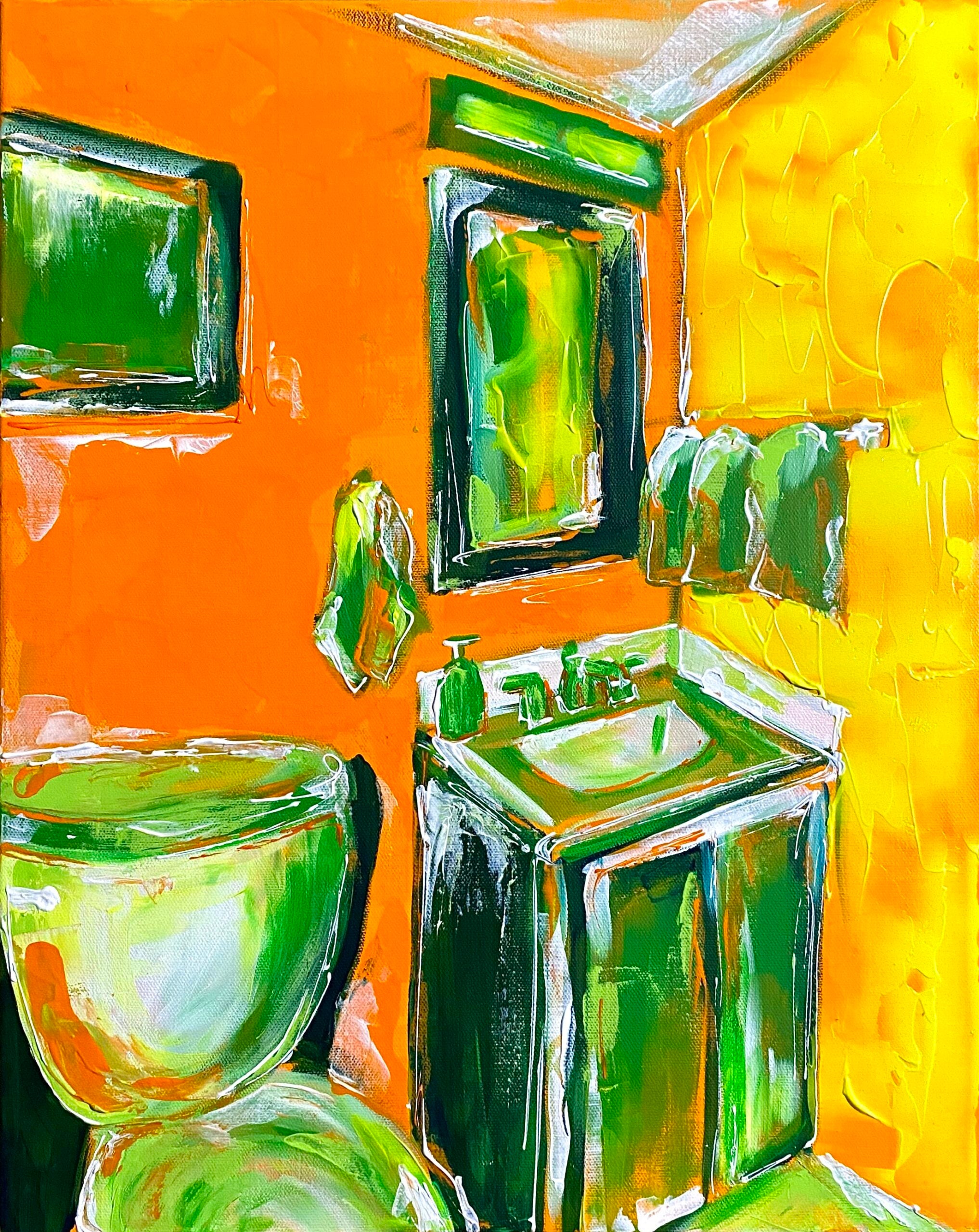 Illustration of a bathroom. It uses green, yellow, and orange colors.