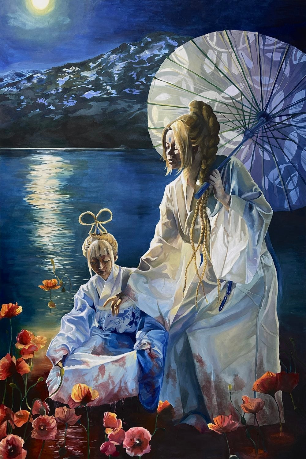 Illustration of two women washing blood from their clothes in the lake surrounded by poppy flowers under the moonlight