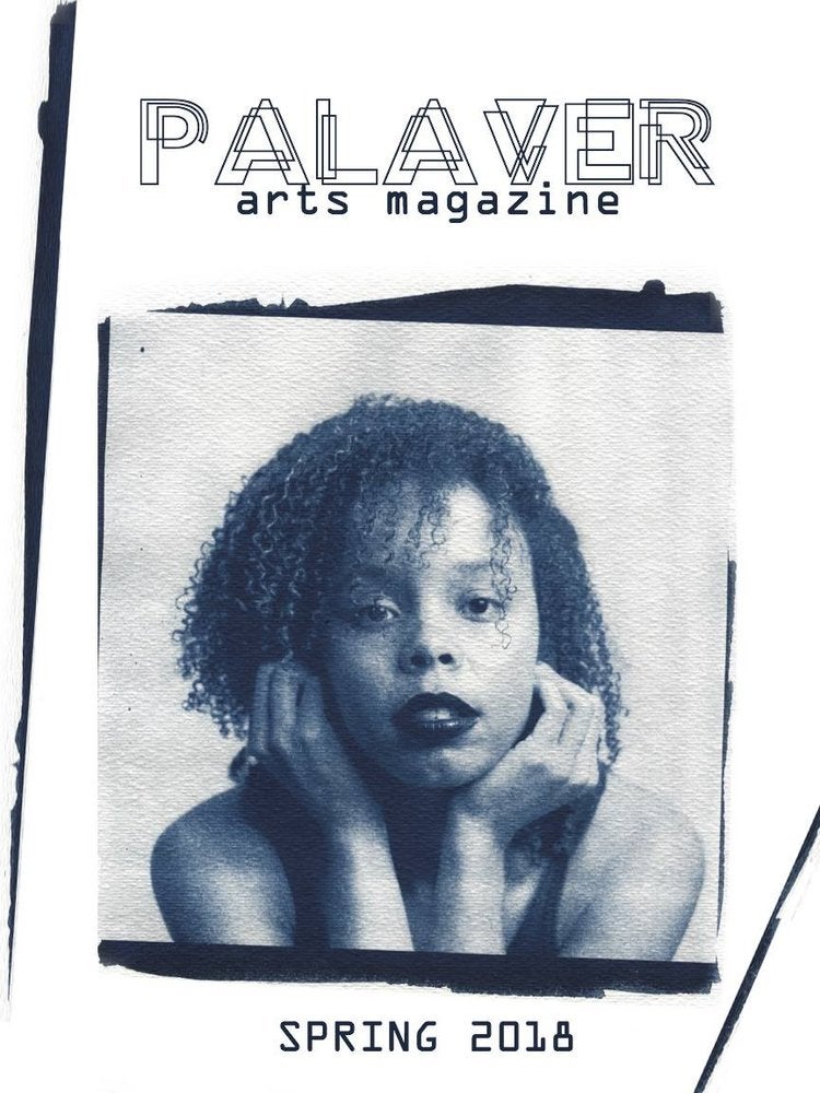 Palaver Arts Magazine, Spring 2018 Cover. Black and white photo of woman with head resting on chin, looking at camera.