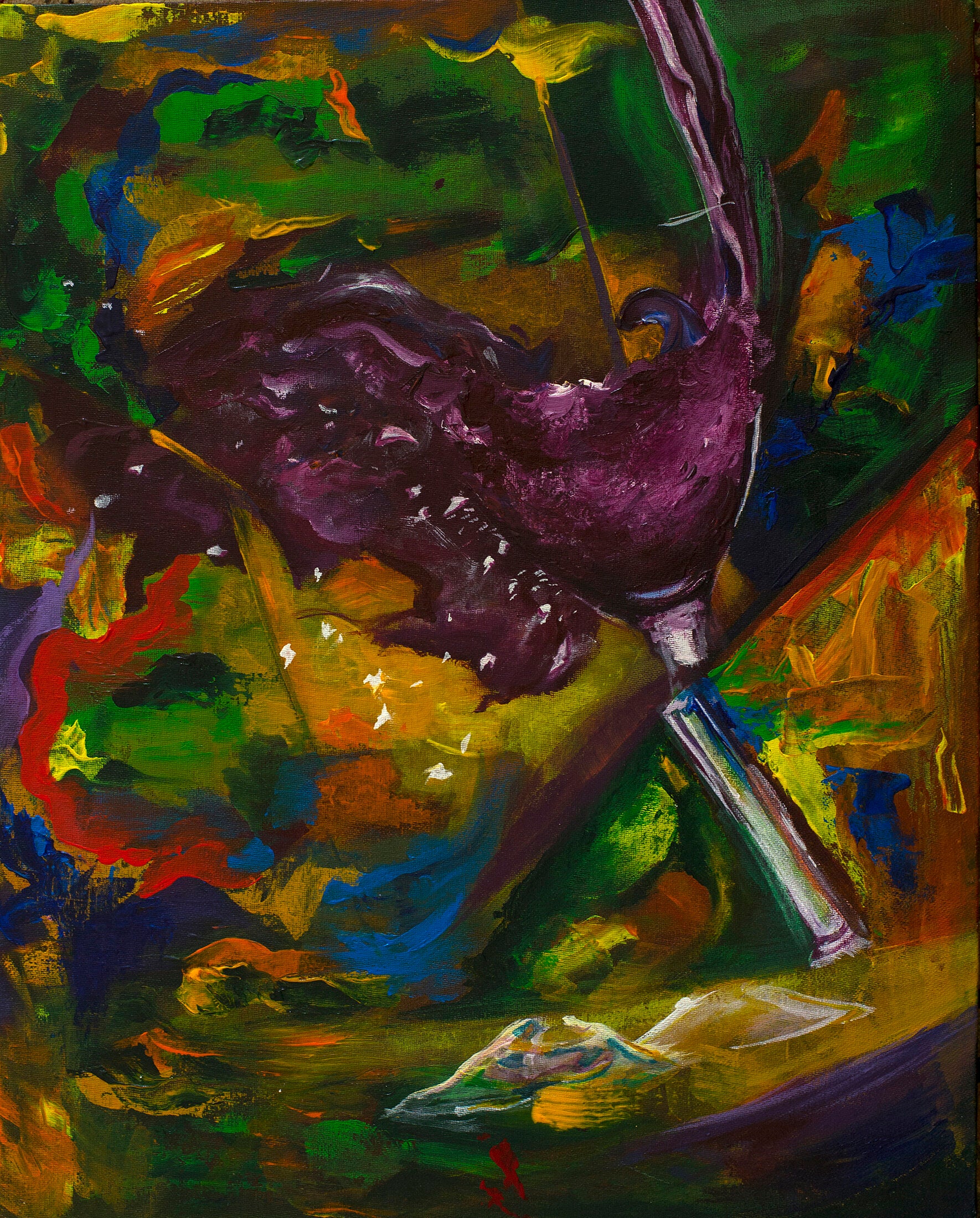 Painting of a broken wine glass against a muddied, colorful background.