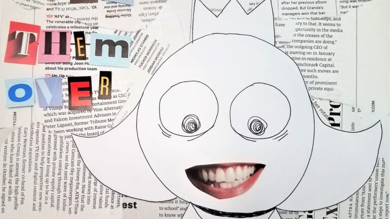 A collage of The Tooth Fairy smiling creepily, with magazine clippings that spell out 