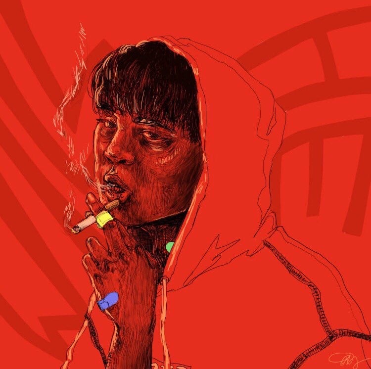 Illustration of person smoking a cigarette; red is the dominant color
