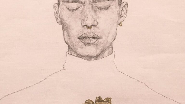 Illustration of person with crop haircut and nose ring, wearing a turtleneck, holding a gold heart