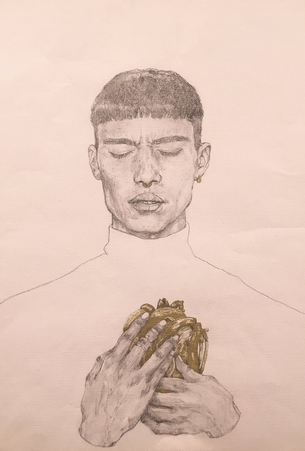 Illustration of person with crop haircut and nose ring, wearing a turtleneck, holding a gold heart