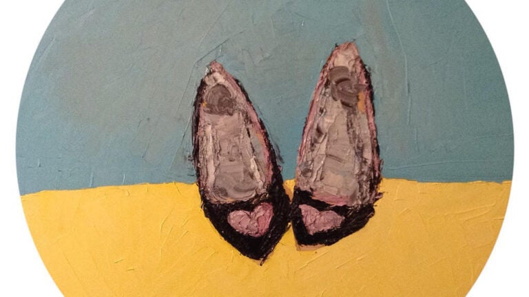 Painting of dark heels with pink hearts on them against a light blue and yellow background.