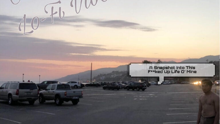 Album cover of a shirtless man in parking lot against a sunset sky. Text reads 