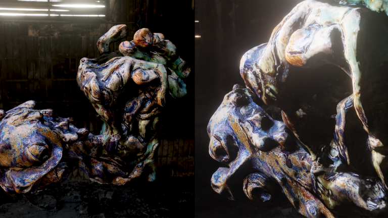 Deformed hands and head tangled together floating against a wall of an abandoned factory.