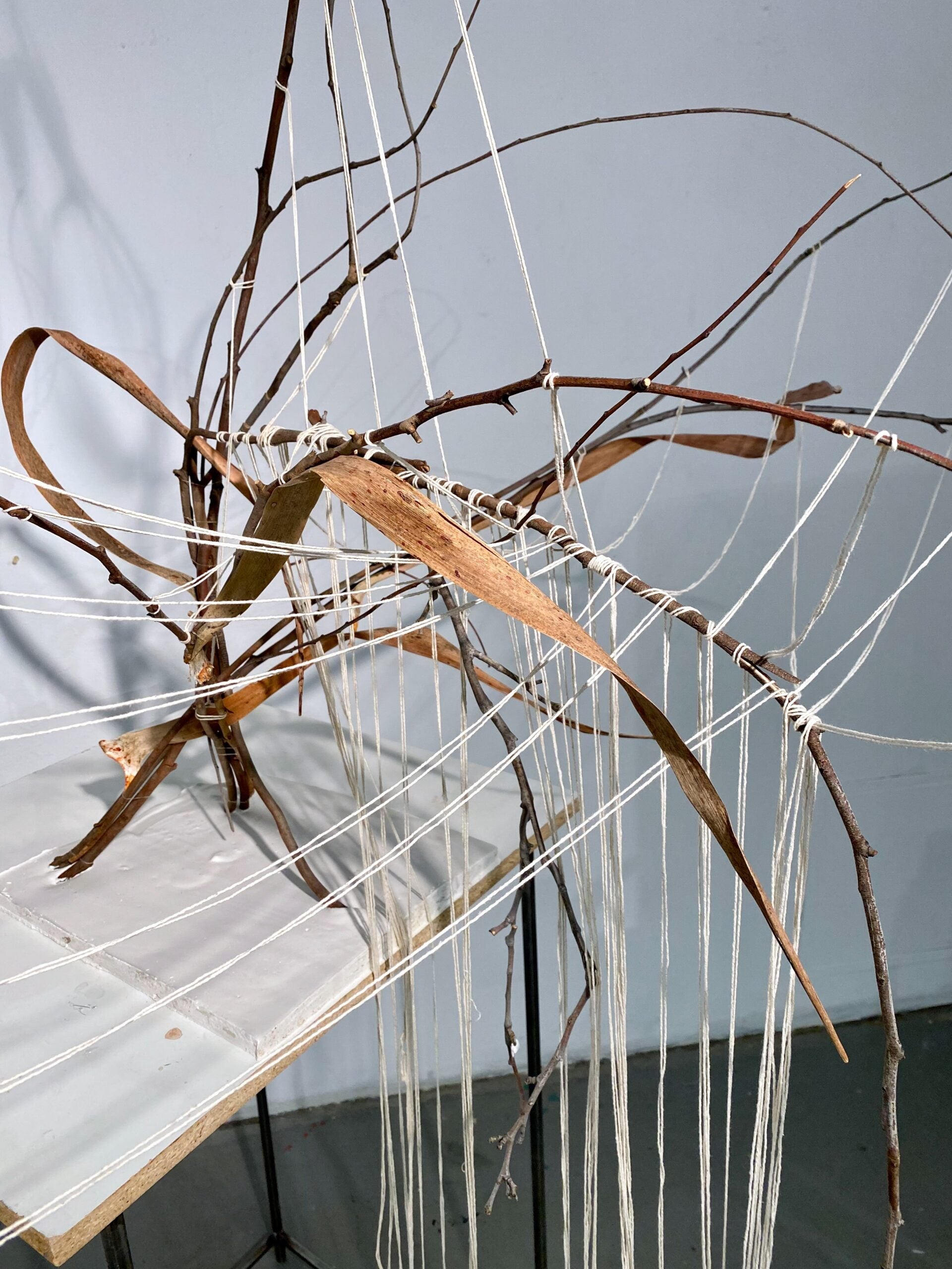 Dried branches and leaves are bent, connected, and bound by twine. The twine wraps around and hangs from the branches.