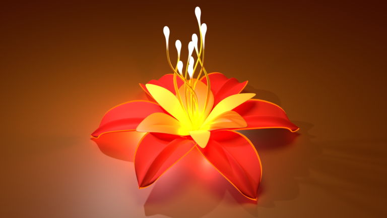 A realist image of a glass flower, red outer petals, yellow inner petals, white stamens reaching upward on a reflective surface