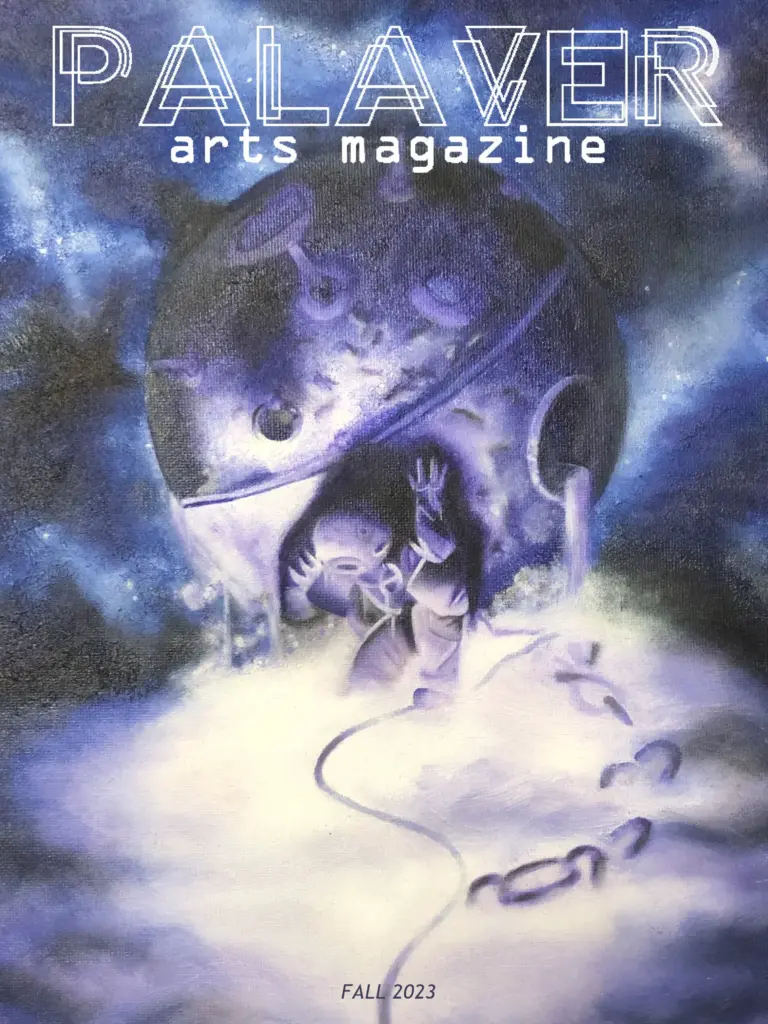 Palaver Arts Magazine Fall 2023 cover. Diver holds a naval mine in an Atlas-esque manner on a purple cloud with a blue background.