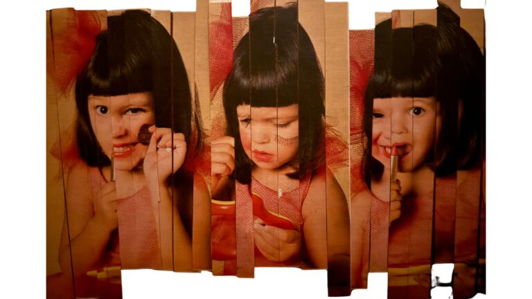 Collage of a young girl trying on makeup