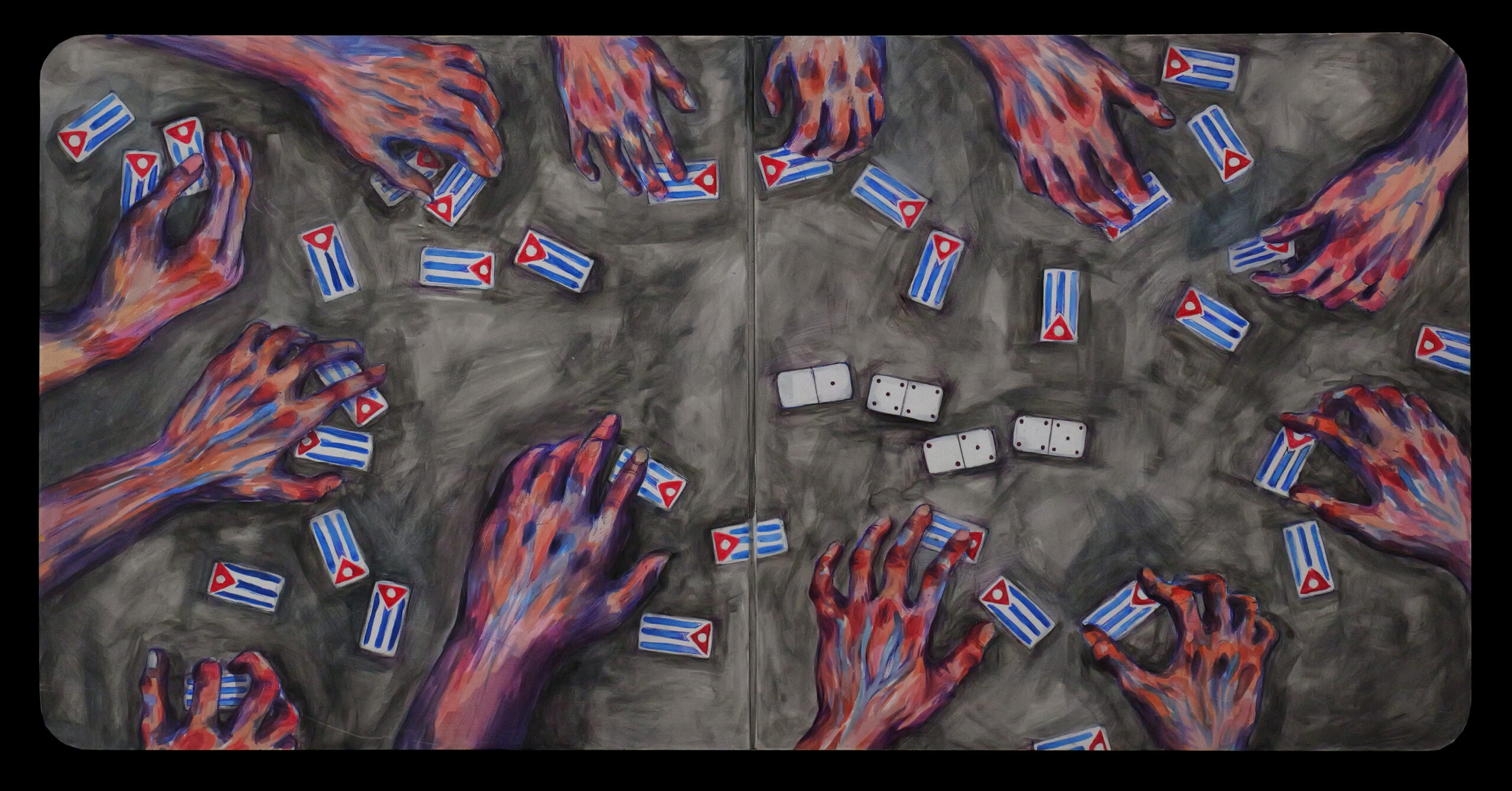 Painting - many hands grasping at dominos painted in the design of the Cuban flag.