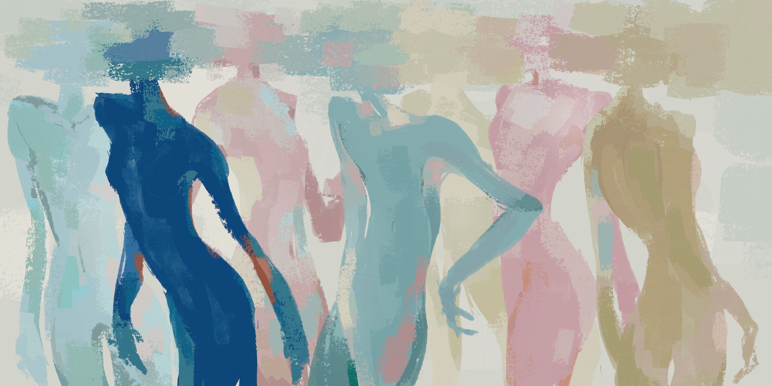 Seven colorful slender silhouettes with heads obscured by noise.