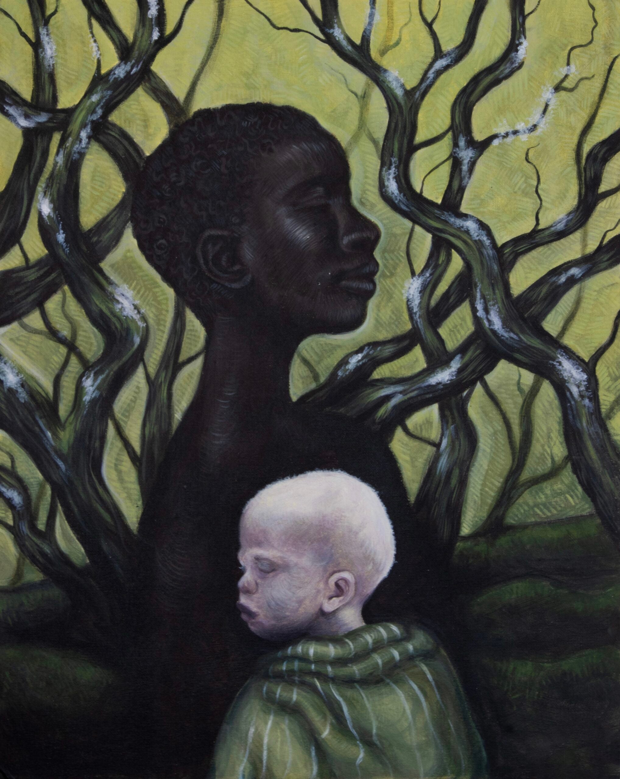 A dark Black woman and pale baby silhouetted by dark branching trees on a green gradient background.