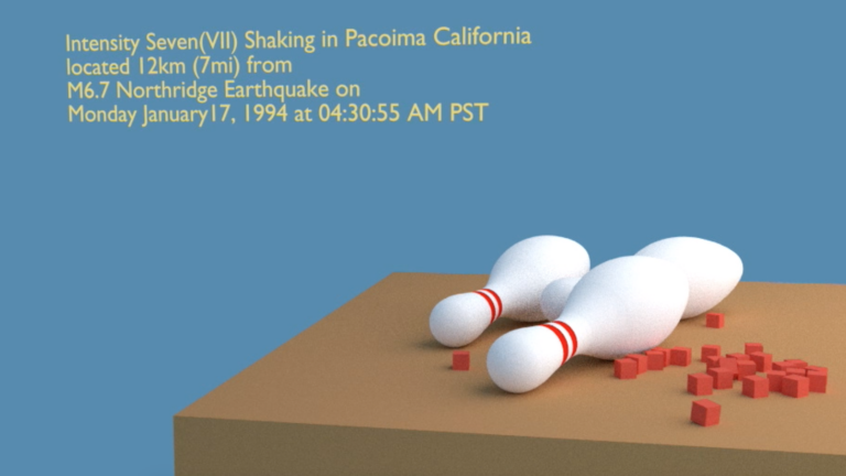 Fallen bowling pins on table after shaking from Northridge Earthquake.