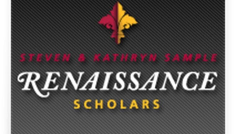 A logo for the Renaissance Scholars, in cardinal and gold amidst a black-grey backdrop.