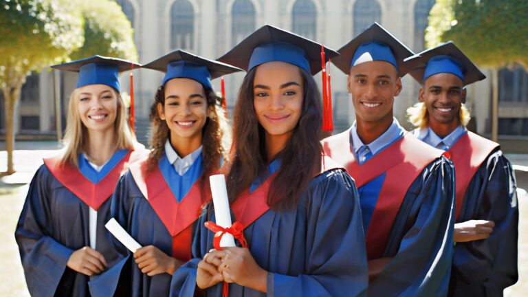 Diverse students with diplomas