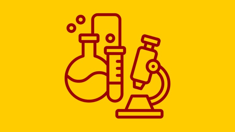 Lab equipment, microscope, beakers icon on yellow background
