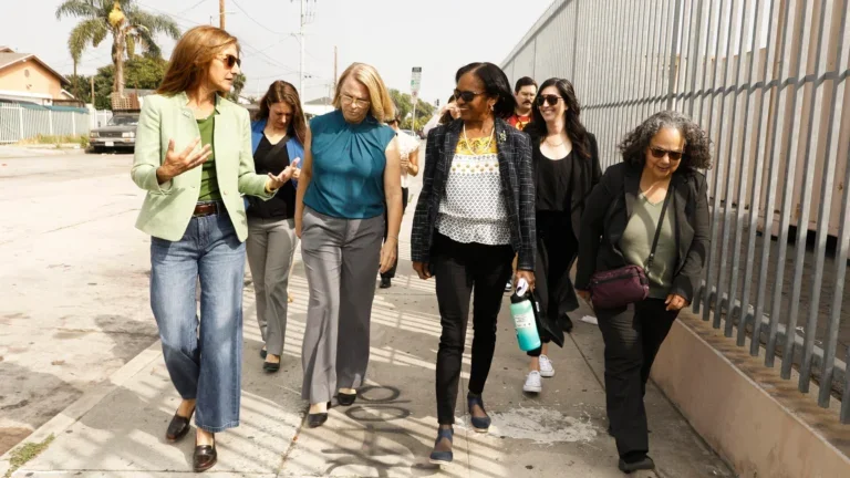 Visiting the neighborhood around Bethune Middle School are, from left: CEO Wendy Butts of the L.A. Conservation Corps, Amanda Amaral and Amy Schulenberg of L.A. Sanitation and Environment, Brenda Mallory of the White House Council on Environmental Quality, Monica Dean of the USC Dornsife Public Exchange and Nancy Sutley, Los Angeles deputy mayor of energy and sustainability.