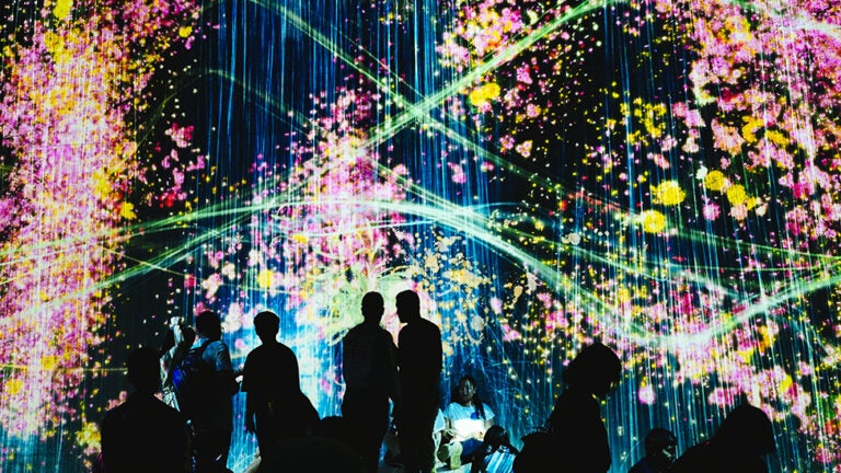 Silhouettes of people in a space with flowers and artistic effects projected on the walls.