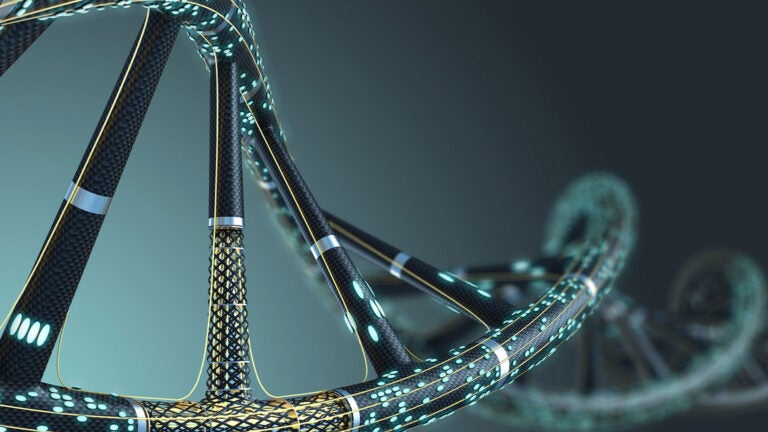 Strand of DNA with overlay of electronic elements.