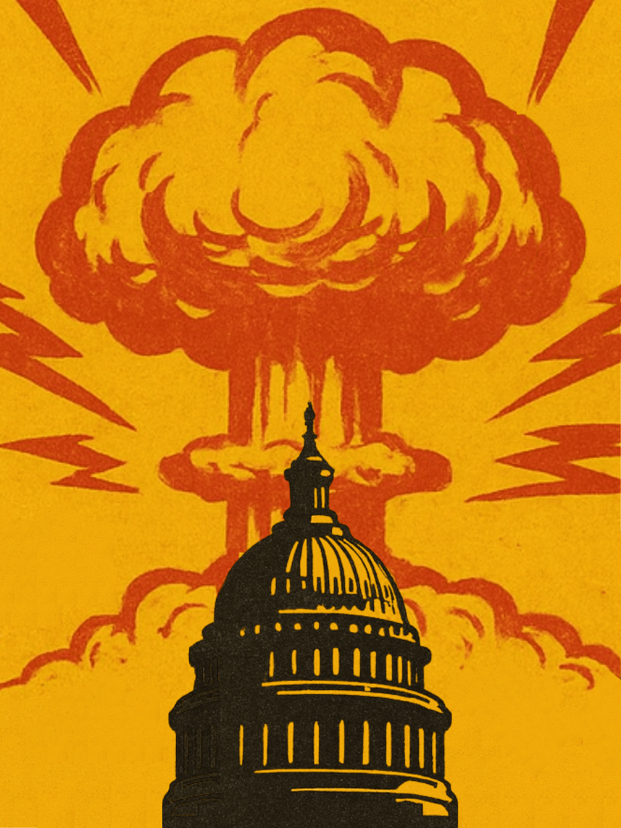 Vintage poster–style graphic: a black silhouette of the U.S. Capitol dome in the foreground with a large red-orange mushroom cloud and jagged blast lines looming behind on a mustard-yellow background.