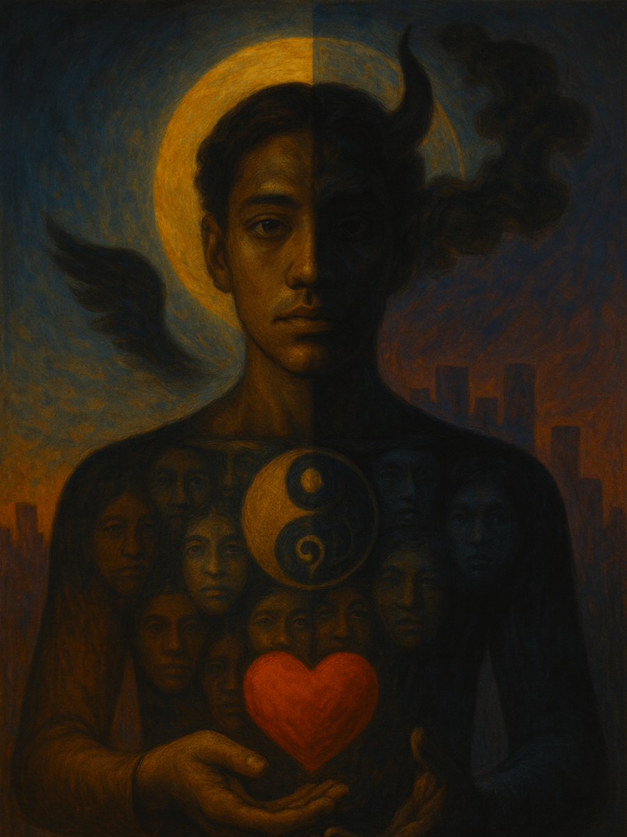 A young person stands half in shadow, half in light, holding their heart in their hands. On their lit side, they are framed by an angel wing and halo, while on their dark side, by a devil's horn and shadow. The faces of generations stare out from their chest with a yin-yang symbol in the middle to represent the duality of human nature. Behind them, the full moon rises over a city skyline that that may or may not be aflame.