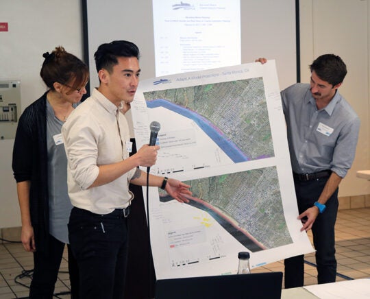 Workshop participants discussing CoSMos map results for Santa Monica (Map 5).