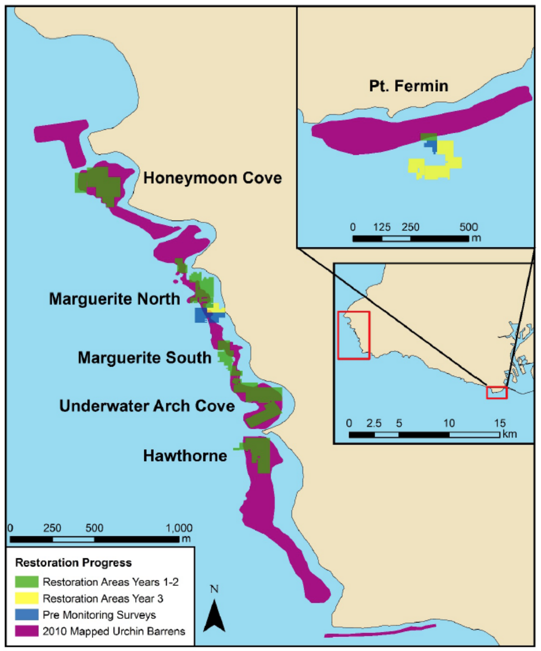Restoration map showing urchin barrens mapped, restoration areas completed, and ares in progress.