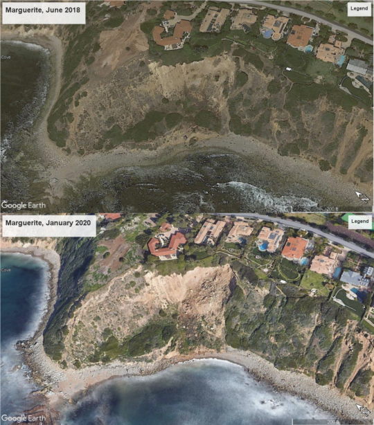 Google Earth images of the cliffside near Marguerite Reef in June 2018 and January 2020.