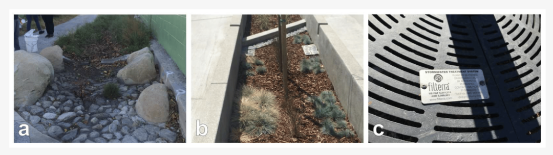 Examples of Los Angeles systems designed to remove debris and contaminants from runoff: (a) biofilter along Elmer Avenue Paseo, (b) biofilter in the Avalon Green Alley, and (c) Filterra™ bioretention system on Grand Boulevard.