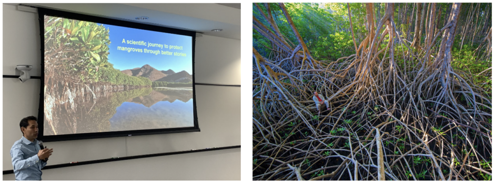 Dr. Octavio Aburto presenting his plenary talk (left) and an example of a photo Dr. Aburto took of the mangroves in La Encrucijada (right).