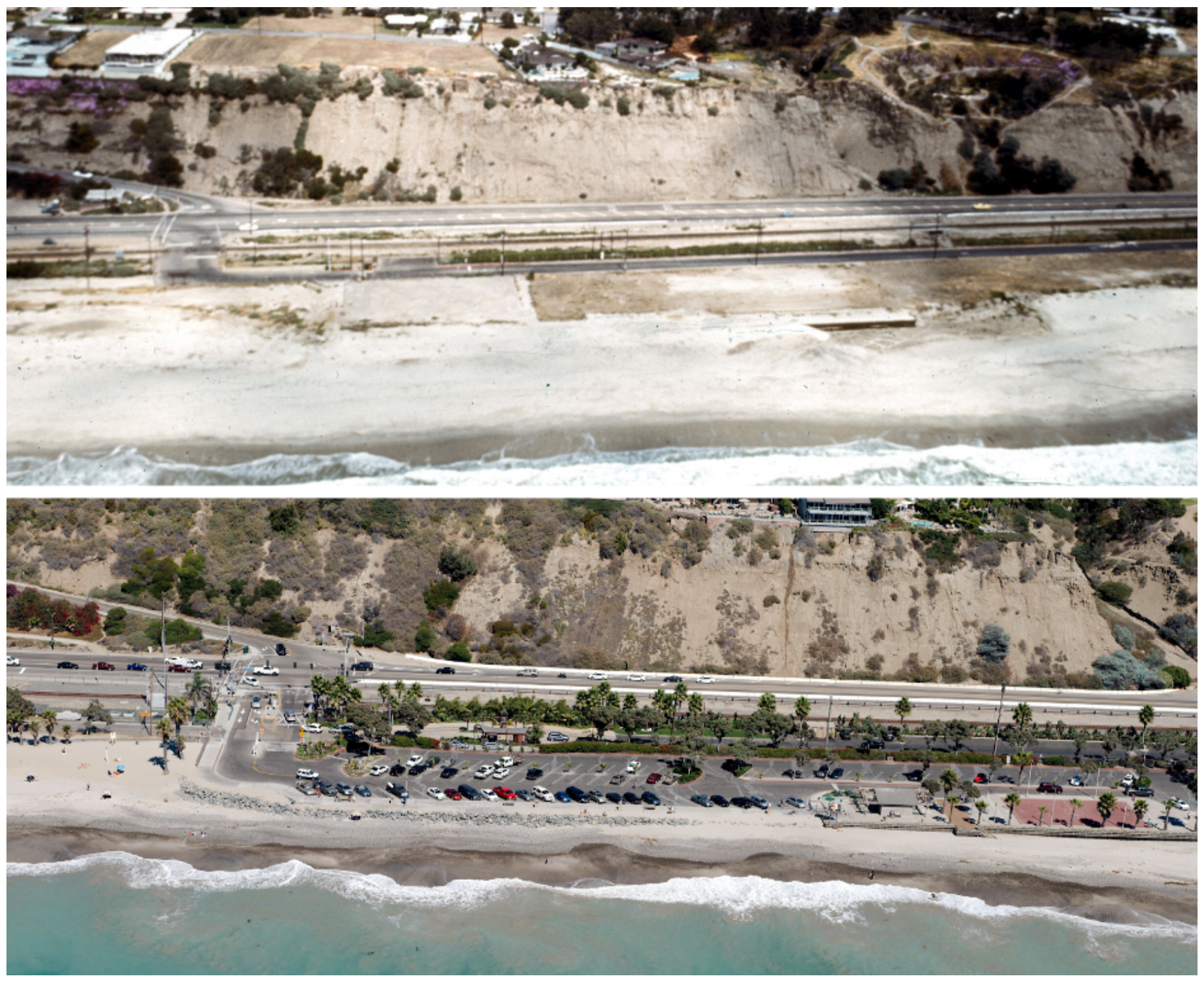 Capistrano Beach at Coast Highway and Palisades Drive in Dana Point. Photos were taken in 1972 when beaches were destroyed by storm surge (top) compared to 2013 after the city renovated the beach and underwent beach renourishment (bottom).