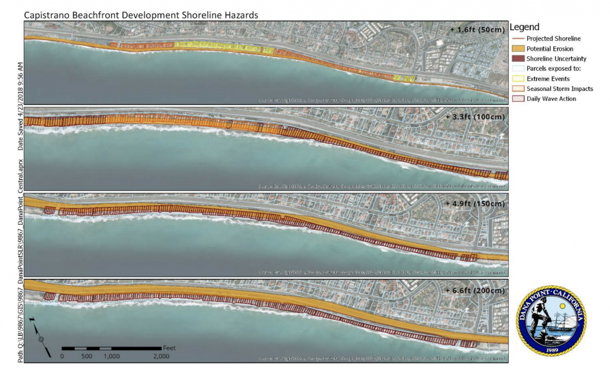 Mapped Shoreline Erosion Hazards along Capistrano Beach Development based on four sea-level rise scenarios for the years 2050 (1.6ft), 2070 (3.3 ft), 2090 (4.9 ft) and 2100 (6.6 ft) under medium-high risk aversion profiles, taken from the City of Dana Point Sea Level Rise Vulnerability Assessment.