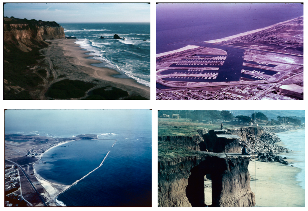 Examples of images in Orville's photo collection: Greyhound Rock (top left), Marina Del Rey (top right), Halfmoon Bay in December 1964 (bottom left), cliff erosion at El Granada, California in June 1963 (bottom right).