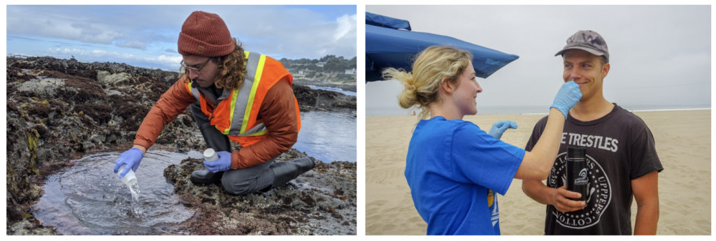 Ryan Searcy, trainee researcher under Alexandria Boehm, collects water samples from a tide pool in Moss Beach, CA (left). Megyn Rugh swabbing a local surfer for Jennifer Jay's research on antibiotic-resistant bacteria (right).