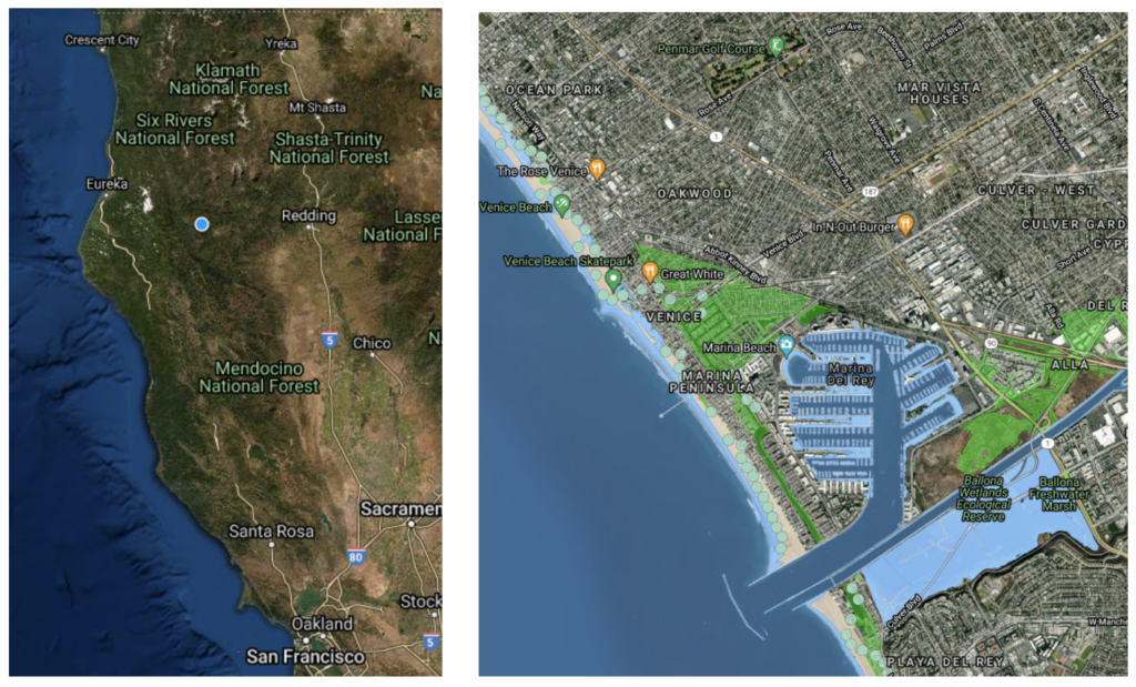 A Google Earth image showing the CoSMoS study site of coastal Northern California (left) and a screenshot example of the Our Coast Our Future tool showing annual flooding associated with three feet of sea level rise (right).