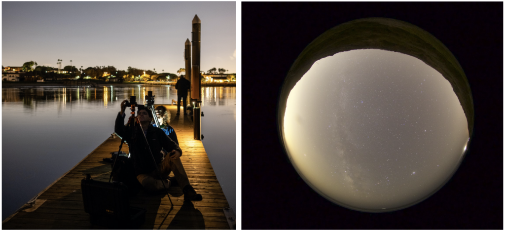 Travis Longcore and trainee researcher Levi Simons set up Sky Quality Cameras to compare measurements at Cabrillo Boat Ramp, credit: Bear Guerra (left), and image of the night sky along the Malibu coast through the hemispherical lens used in a Sky Quality Camera (right).