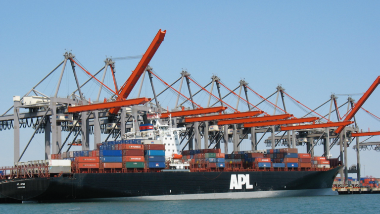 Container cranes working on an APL cargo ship.