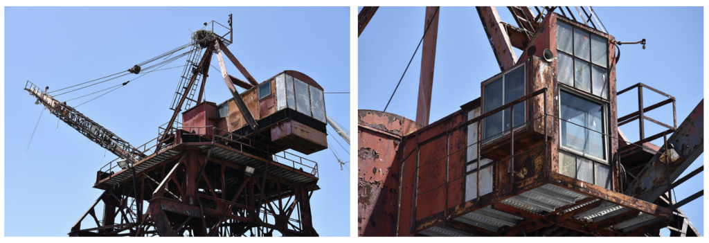 A vintage whirley crane (left) and a close up of the crane's control cab (right), used in both the Vietnam and Korean Wars