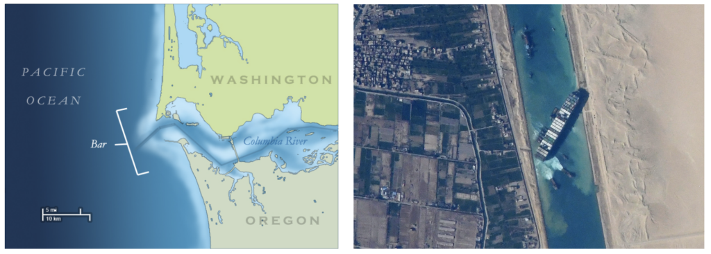The Columbia River Bar, courtesy KDS444, CC BY-SA 3.0 via Wikimedia Commons (left)  The Columbia River Bar, courtesy KDS444, CC BY-SA 3.0 via Wikimedia Commons (left) and the M/V Ever Given in the Suez Canal, captured by the ISS (right).