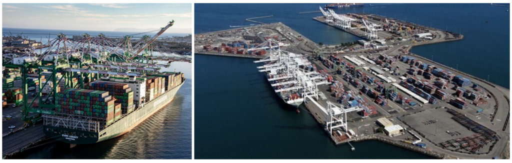 Evergreen Lines, at the POLA, is leased by EverPort Terminal Services (left), and the Pacific Container Terminal on Pier J, at the POLB, is leased by SSA Marine (right)