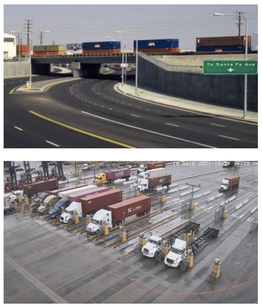 A portion of the Alameda Corrodor (top), and a camera view of the truck activity for the Yusen Terminals at POLA (bottom)