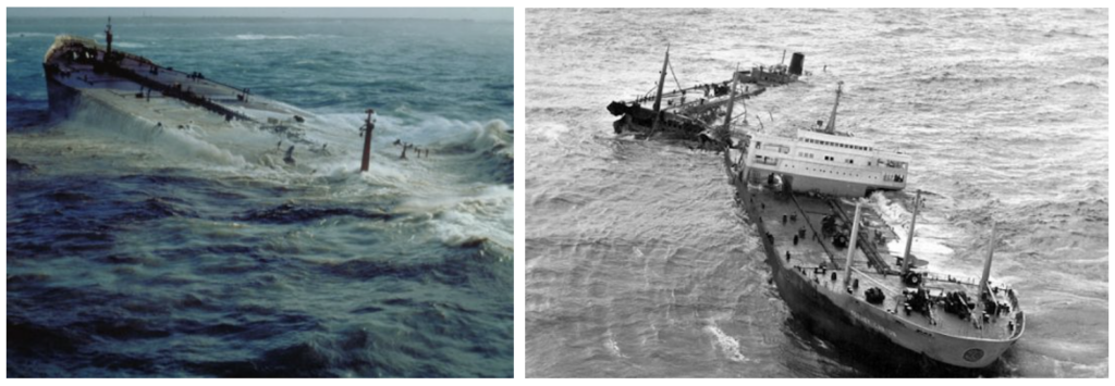 The Amoco Cadiz spill, photo source: NOAA (left) and the Torry Cannon Spill,
