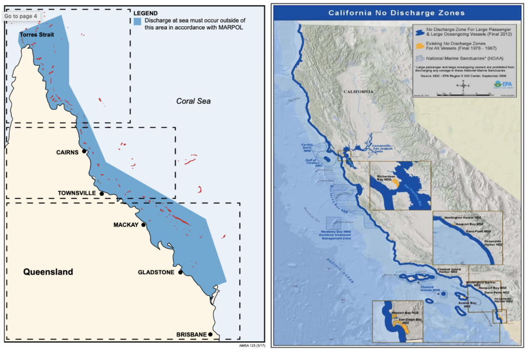 An example of the MARPOL "nearest land" limitations of operational discharges in the Great Barrier Reef, Australia, photo source: Australian Maritime Safety Authority (left), and a map of the "no-discharge zones" of California under the Clean Water Act Section 312