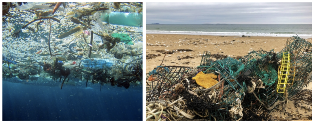 Marine debris in the ocean (left) and derelict fishing nets onshore (right) are both examples of what is prohibited as garbage discharge in Annex V. 