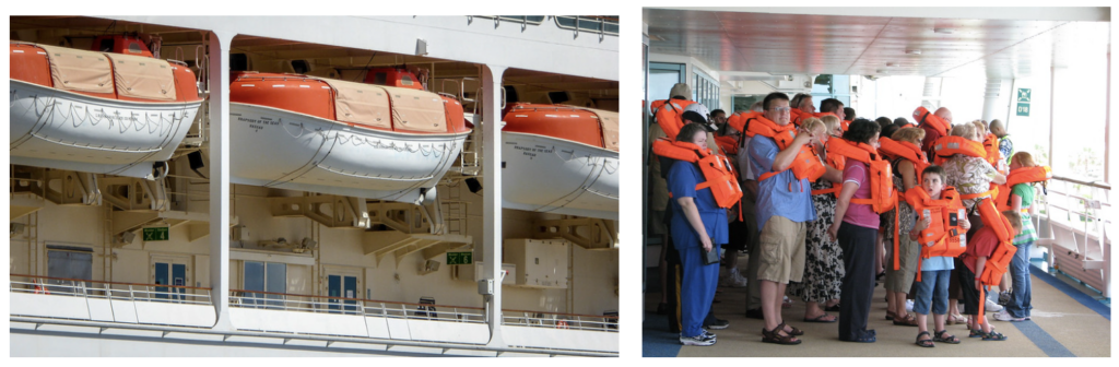 Lifeboats stored away on the cruise ship Rhapsody of the Seas, taken in Sydney, Australia in 2015. Source: Theen Moy, CC By-NC-SA 2.0 (left), and an example of a lifeboat drill aboard a passenger ship in 2008.